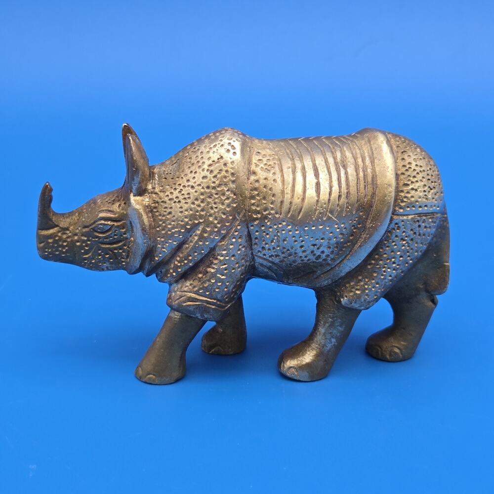 Vintage Brass Rhinoceros Figurine Rhino Statue Animal Figure 3.5" Long Decor